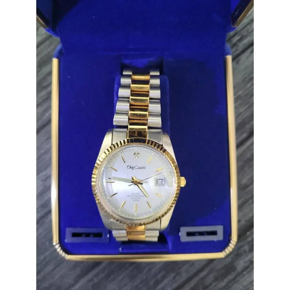 Rare Vintage Oleg Cassini Mens Diamond Watch W Box Papers‎